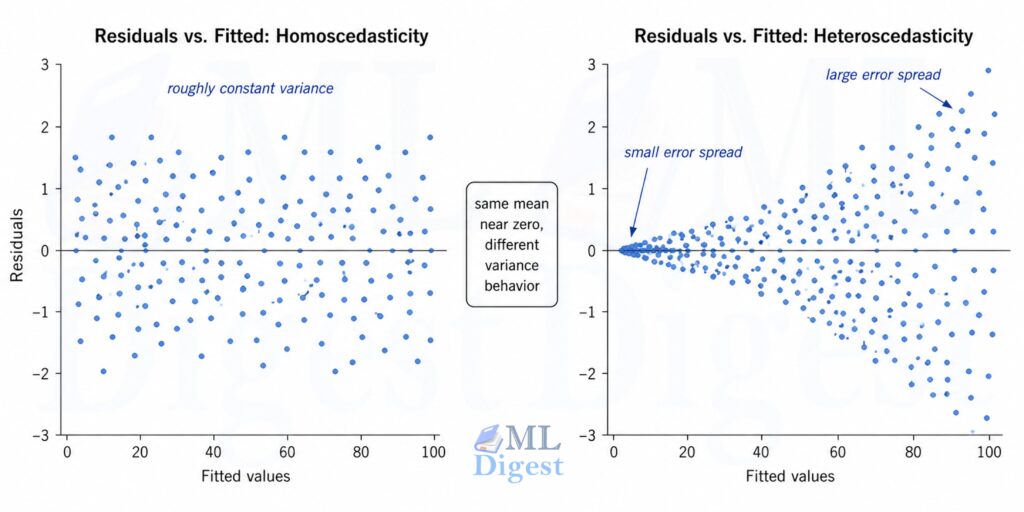 homoscedasticity vs heteroscedasticity distribution of residuals in linear regression